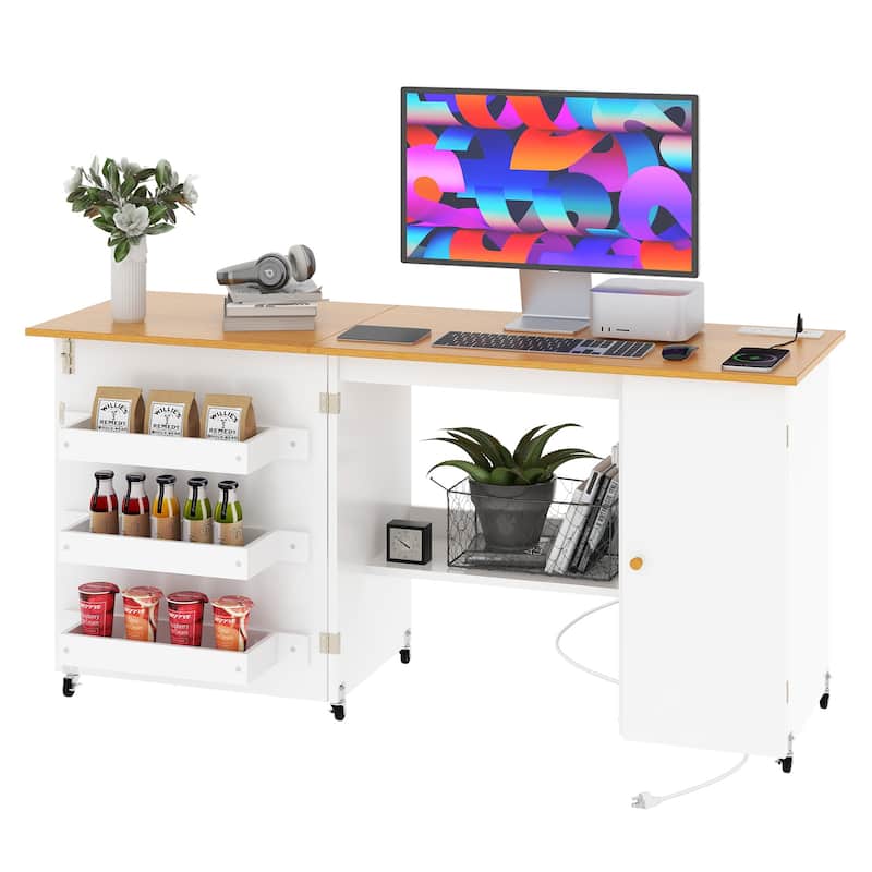 Moasis Folding Sewing Craft Table Computer Desk with Charger Charging Station & Storage Shelves Cabinet