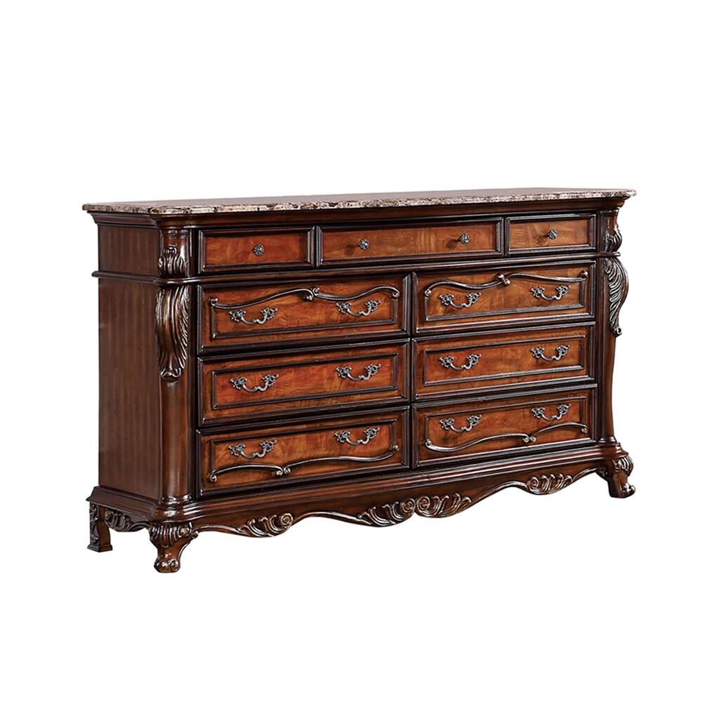 9 Drawers Genuine Marble Top Dresser in Antique Dark Oak Finish