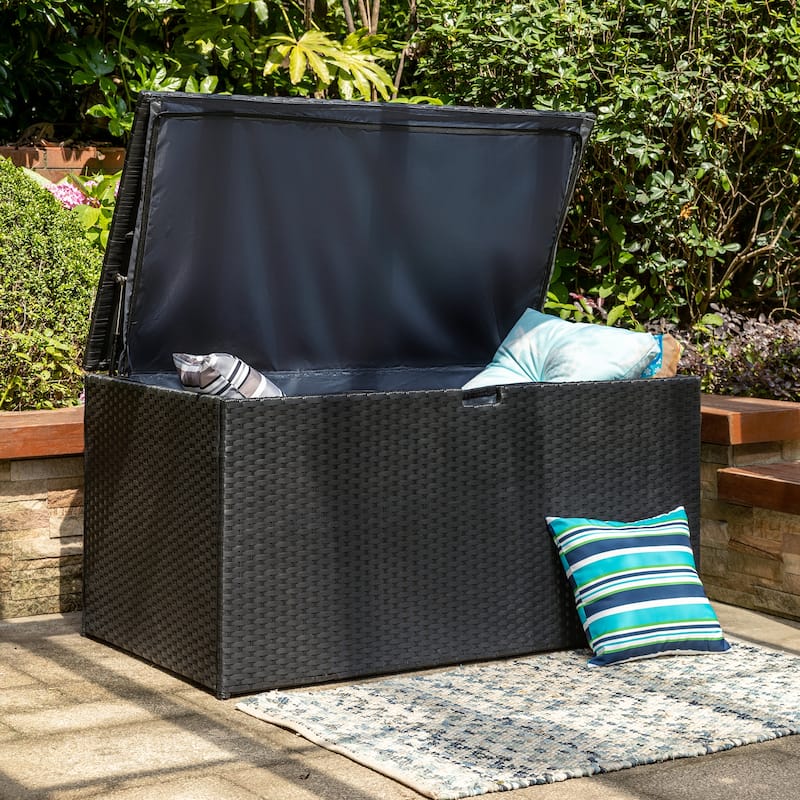 Outdoor 52.75"W 140 Gallon Patio Oversize Wicker Storage Bench Deck Box - 52.75"W x 29"D x 26"H - Black with a 5ft Rug