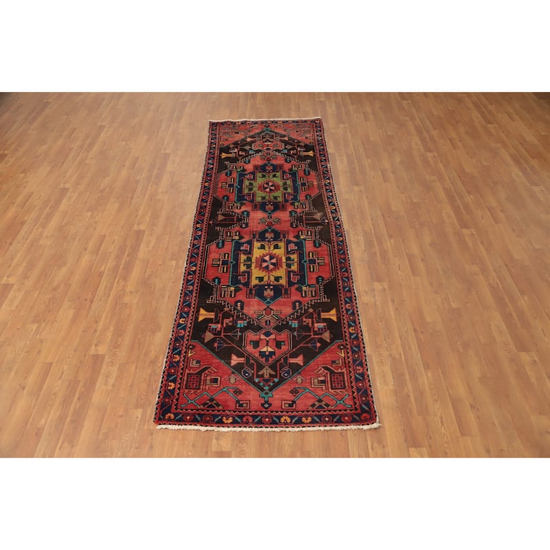 Hand Knotted Oriental 100% Wool Carpet Traditional Tribal Oranges & Rust Heriz Runner Rug - 9' 9'' X 3' 3''