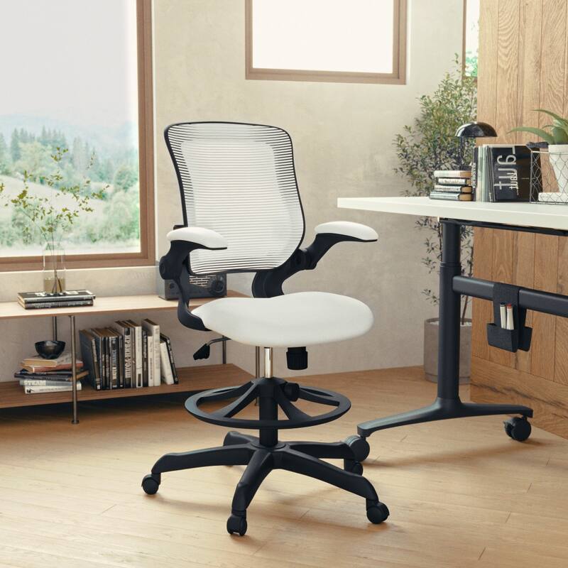 Mid-Back Mesh Ergonomic Drafting Chair with Foot Ring and Flip-Up Arms - White