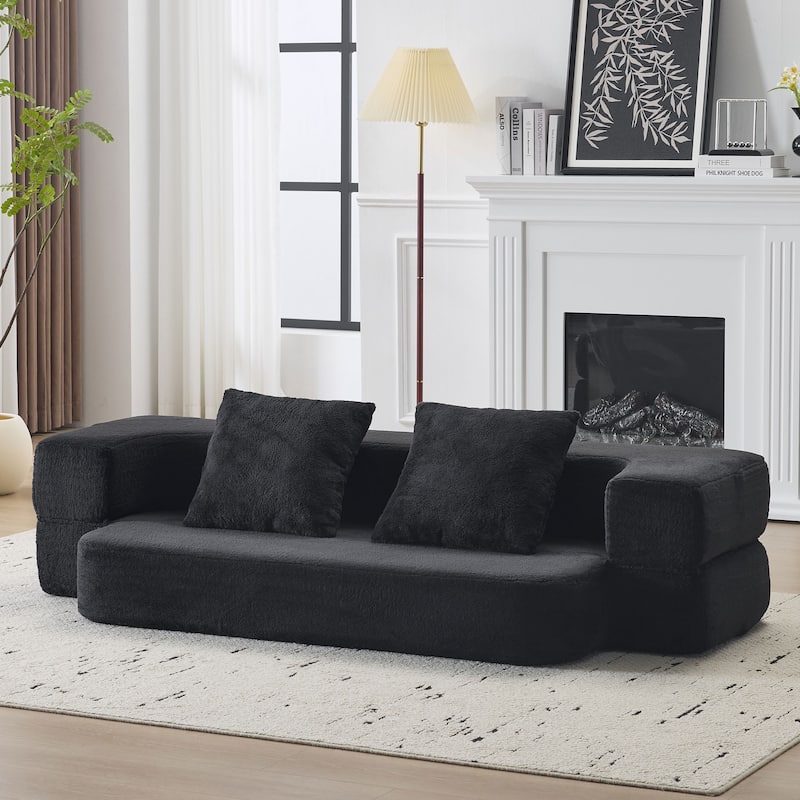 74.81" Faux Fur 3-in-1 3-Seater Floor Sofa, Converts to Bed with Memory Foam