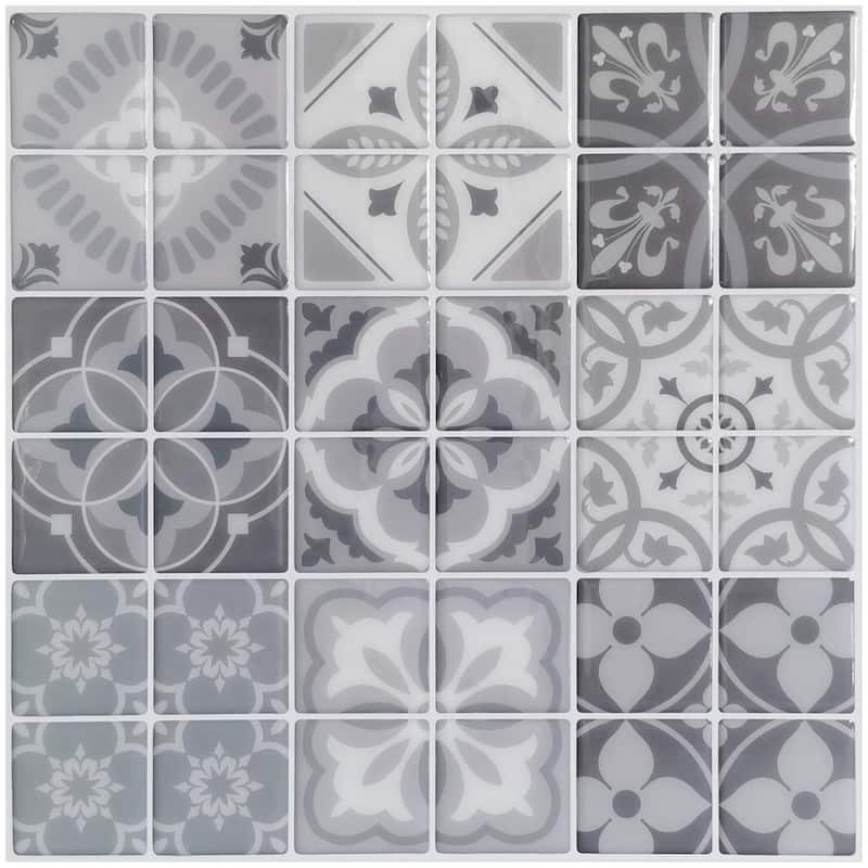 Art3d 11.8''X11.8'' Peel and Stick Backsplash Tile Stickers, Colorful Talavera Mexican Tile,(10 Sheets) - Grey