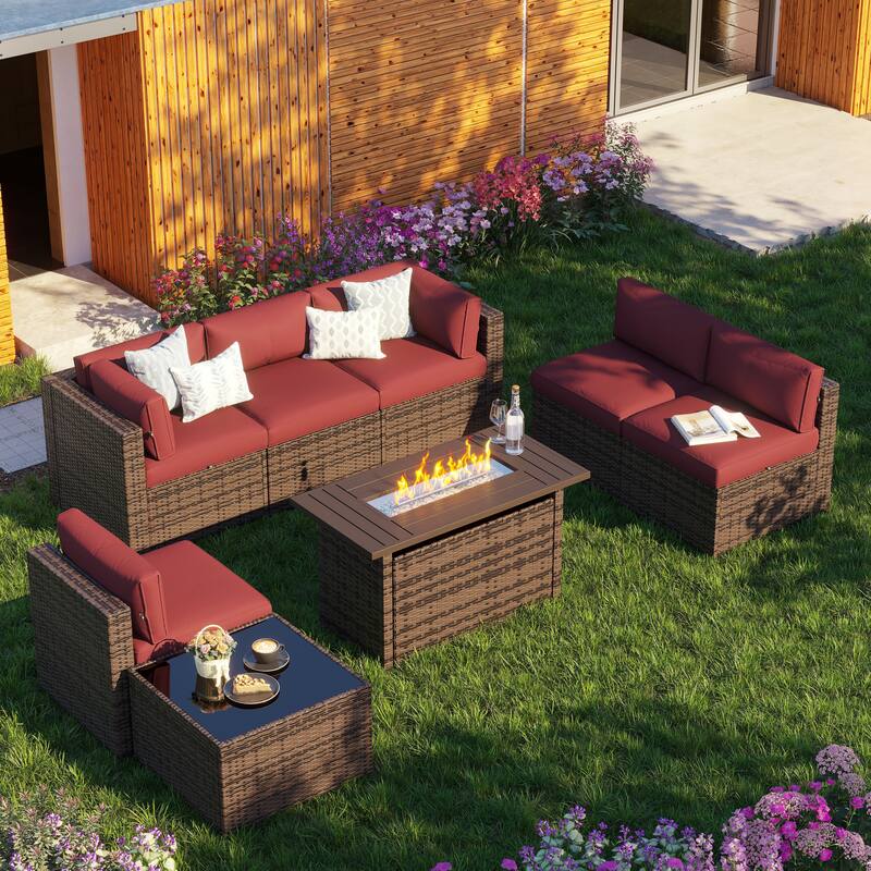 7PCS/8PCS Wicker Rattan Outdoor Sectional Sofa Set with Coffee Table and Thickened Cushions