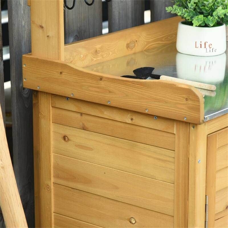 Yellow Fir Wood Outdoor Storage Shed with 3-Tier Shelves and Doors - 34.25" L x 17.75" W x 47.25" H