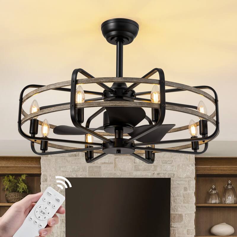 Industrial Black Caged Vintage Chandelier Ceiling Fan with Lights and Remote Control - 30''-8 Lights