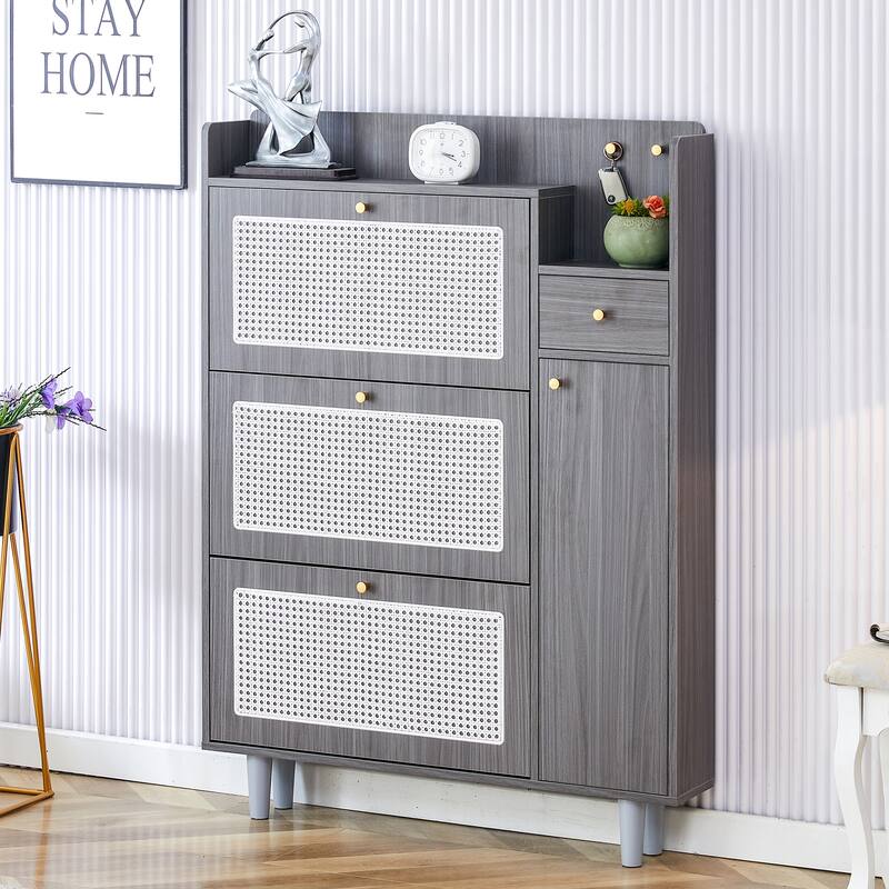 Minimalist MDF Shoe Cabinet with Japanese Rattan Design for Hallways or Living Room Storage Solutions - Grey