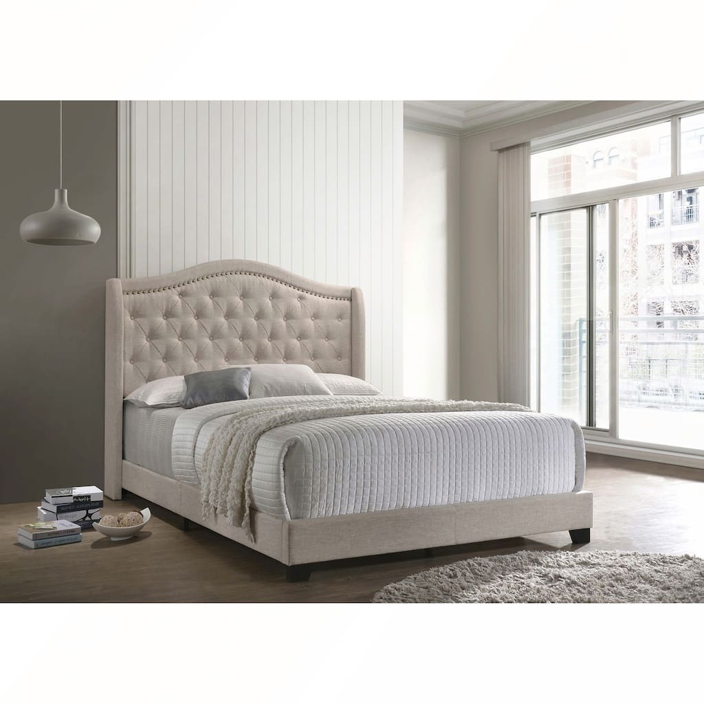 Beige Upholstered Wingback Bed