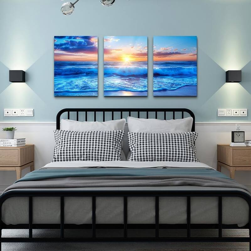 Blue Beach Sea Wave Paintings Sunrise Seascape Wall Pictures