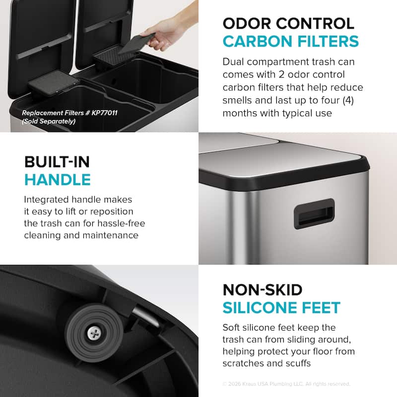 KRAUS WasteGuard 15.8 G 60 L Dual Compartment Pedal Kitchen Trash Can