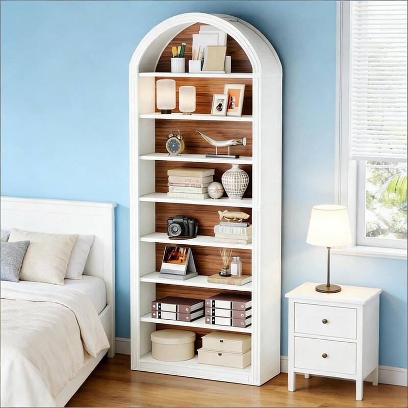 8-Tier Arched Bookshelf with Two-Tone Finish, Sturdy MDF Bookcase with Closed Back for Living Room, Study, or Kitchen