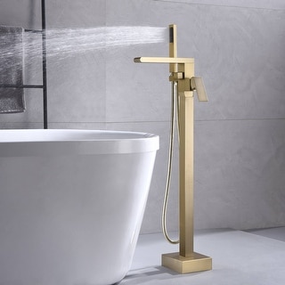 Waterfall Brushed gold Freestanding pressure Balance Single Handle Bathtub Faucet with Handheld Sprayer - 9'6" x 13'6"