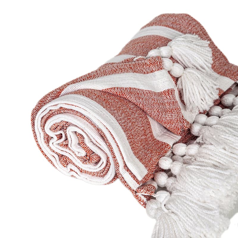 HomeRoots 50" X 60" Rust Woven Cotton Striped Throw Blanket with Tassels