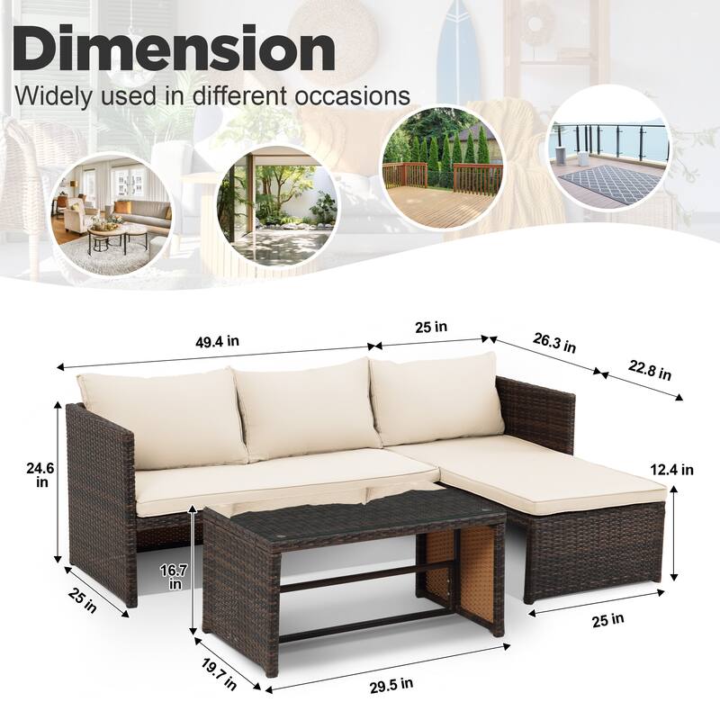 3 Pieces Patio Conversation Set, All Weather Outdoor PE Rattan Wicker Furniture Set with Cushions, Tempered Glass Coffee Table