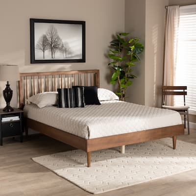Mid-Century Modern Platform Bed - Ash Walnut Wood Full Size Bed Frame - Low Profile Bedroom Furniture