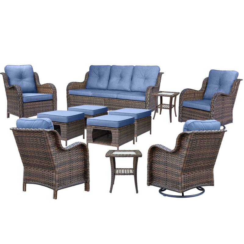 Rattan Wicker Outdoor Patio Furniture Sofa Set with Swivel Rocker Chairs