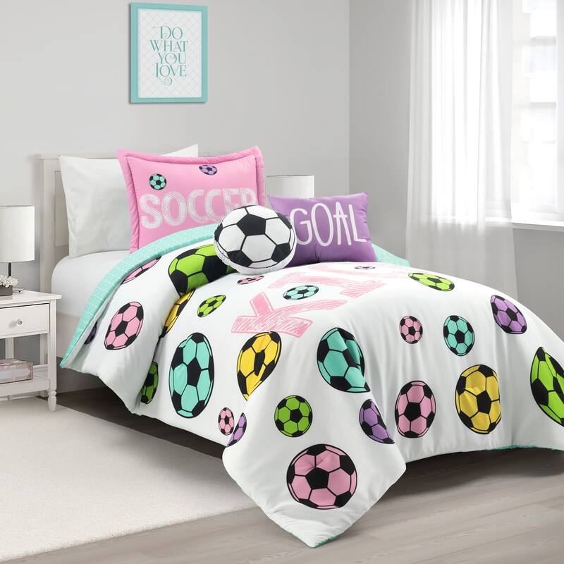 Lush Decor Girls Soccer Kick Reversible Oversized Comforter - White/Turquoise - Twin