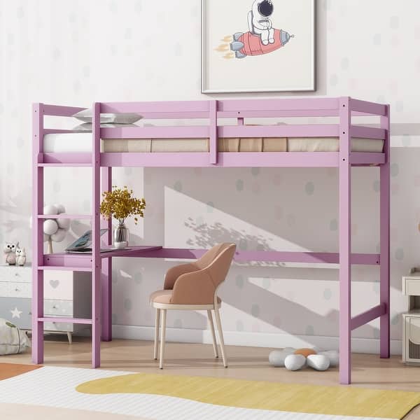 slide 2 of 30, Modern Minimalistic Twin Size High Loft Bed with Built-in Desk and Ladder for Kids' Room