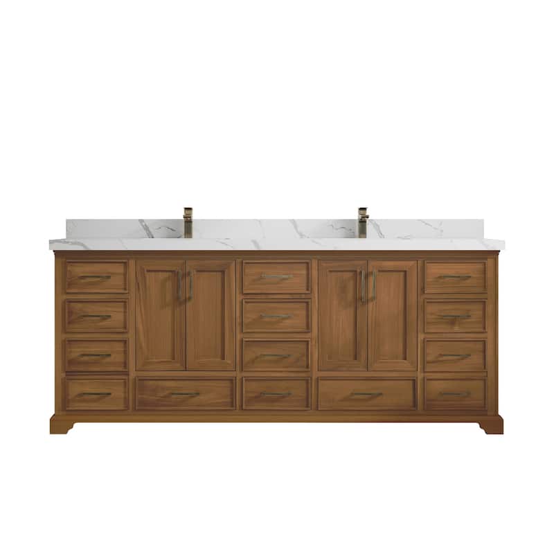Willow Collections 84 in. W x 22 in. D Charlotte Teak Double Sink Bathroom Solid Teak Vanity with Countertop - 2" Calacatta Laza - Dark Natural