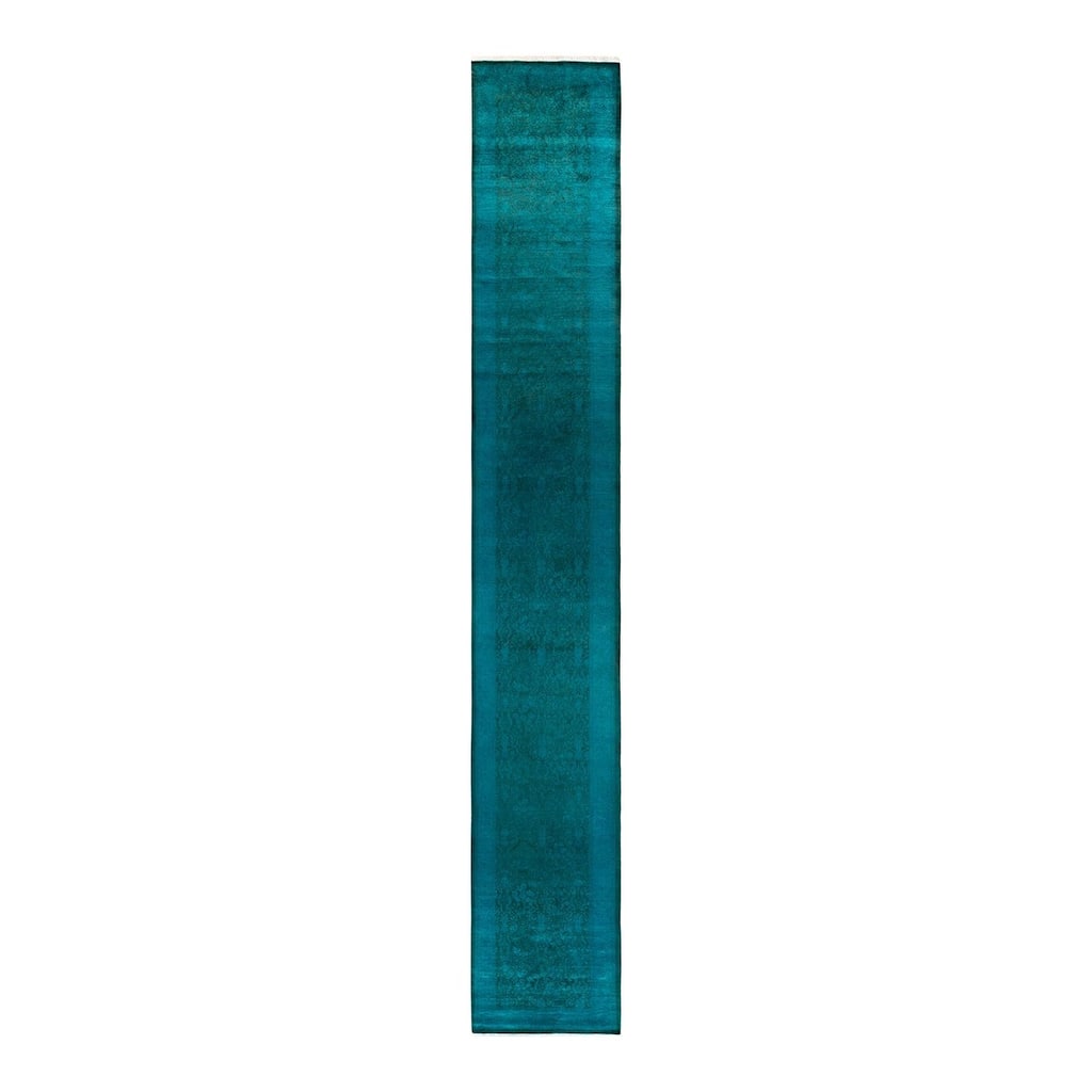 Overton Hand Knotted Wool Vintage Inspired Modern Contemporary Overdyed Blue Runner Rug - 2' 7" x 17' 9"
