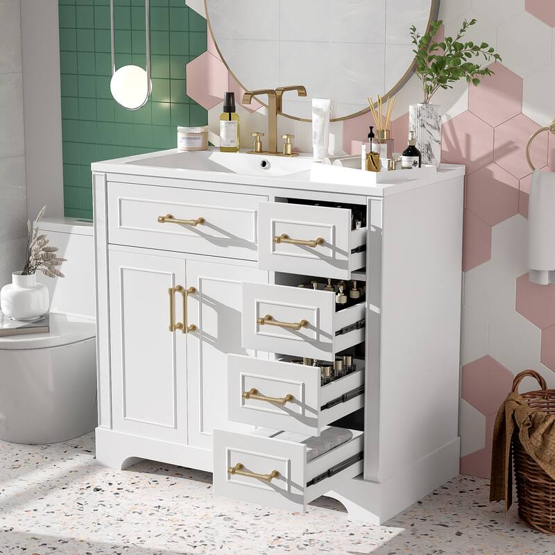 Bathroom Vanity with Ceramic Sink, Bathroom Vanities with Adjustable Shelf, Storage Cabinet with Soft-Close Doors and Drawers