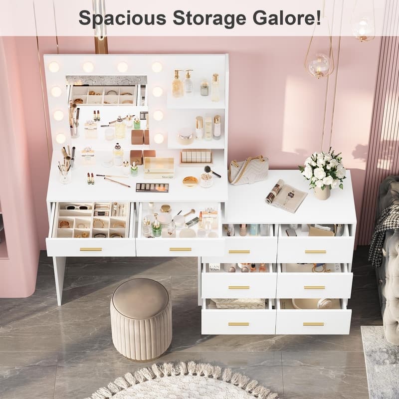 61" Makeup Vanity Desk with Mirror and Lights, 8 Drawers, 2 Shelves