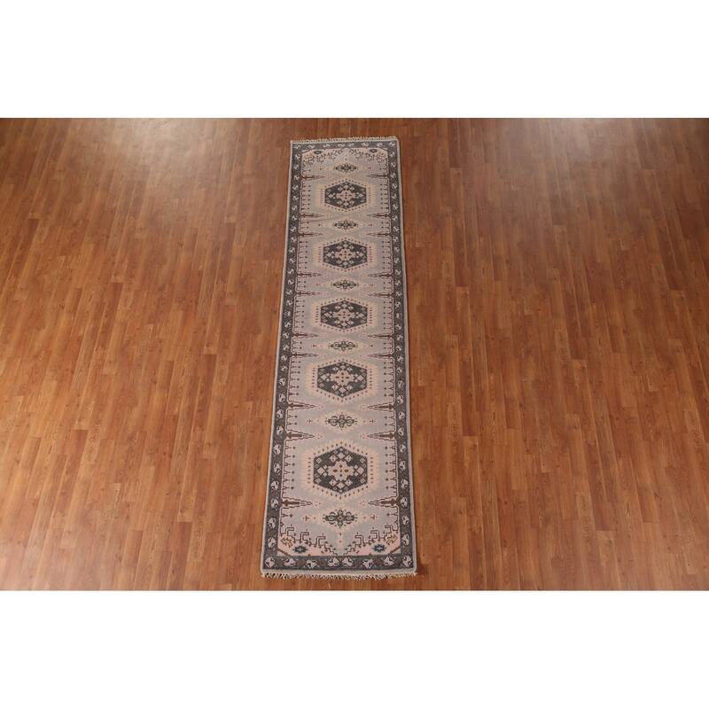 Geometric Kazak Runner Rug Hand-Knotted Grey Wool Carpet - 2'7"x 9'10"