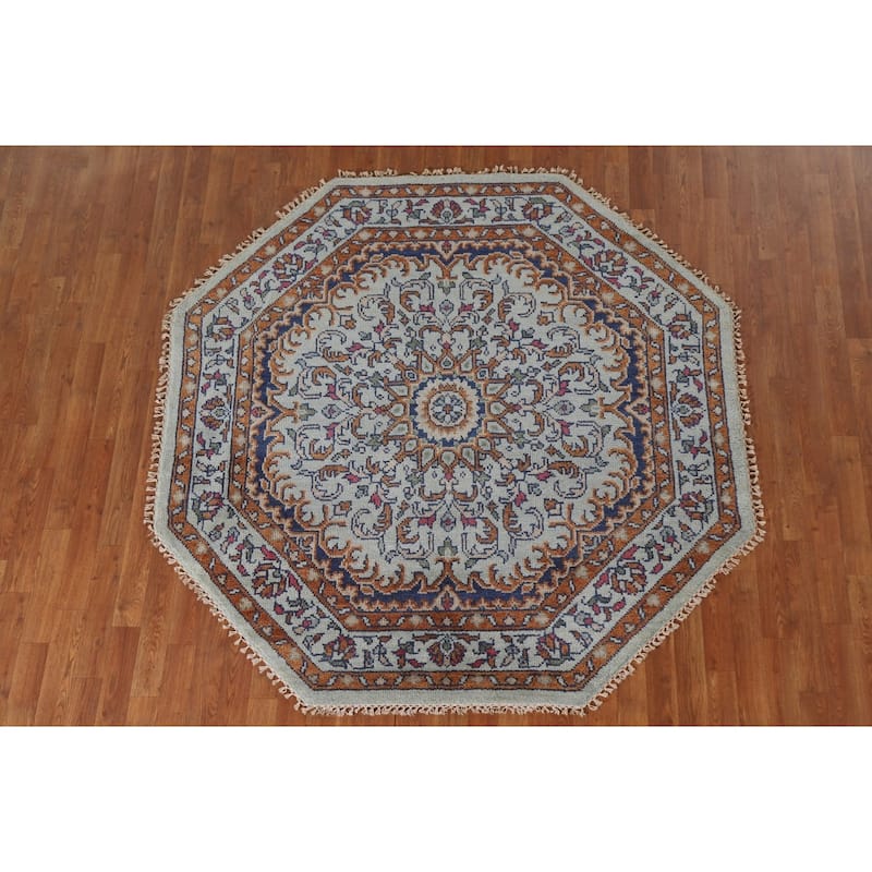 Heriz Serapi Indian Octagon Area Rug Handmade Wool Carpet - 5'11"x 6'1"