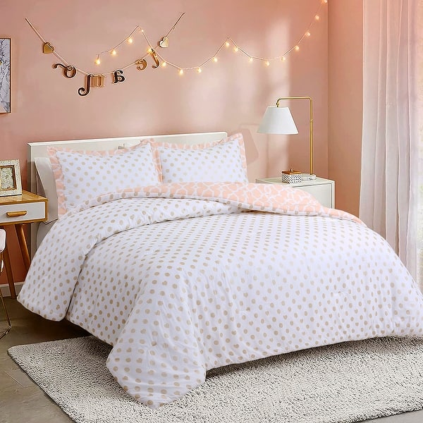 slide 2 of 7, Cozy Line Peach Heart Polka Dot Reversible Bedding Comforter Set