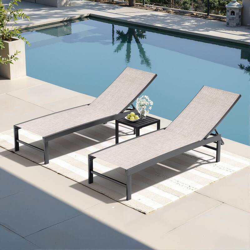 Outdoor Chaise Lounge Reclining Adjustable Chairs with Side Table Set - Beige - 3-Piece Set
