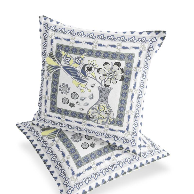 HomeRoots Set of Two 16" X 16" Gray and White Peacock Blown Seam Floral Indoor Outdoor Throw Pillow - 16.00' X '16.00' X '5.00