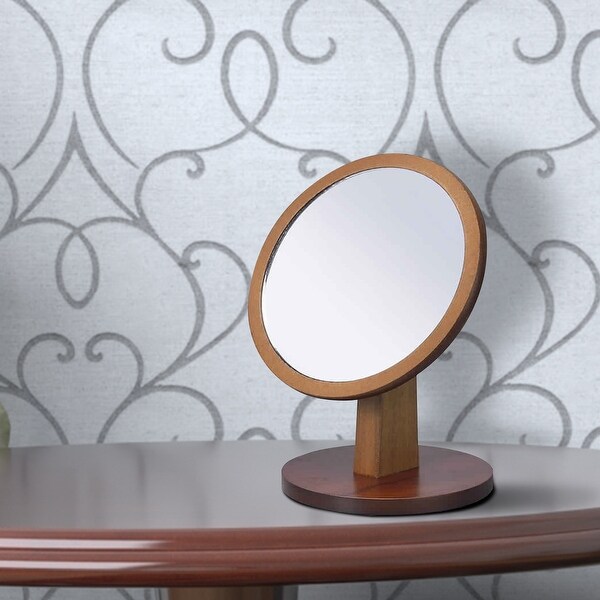 Wooden Makeup Round Mirror with Pedestal Base Brown and Silver On Sale Bed Bath Beyond 30882879