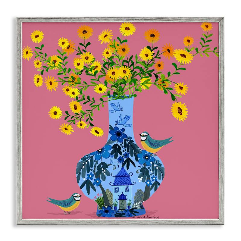 Stupell Ornate Vase with Daisies Framed Giclee Art Design By Kay Widdowson - 24 x 24 - Grey