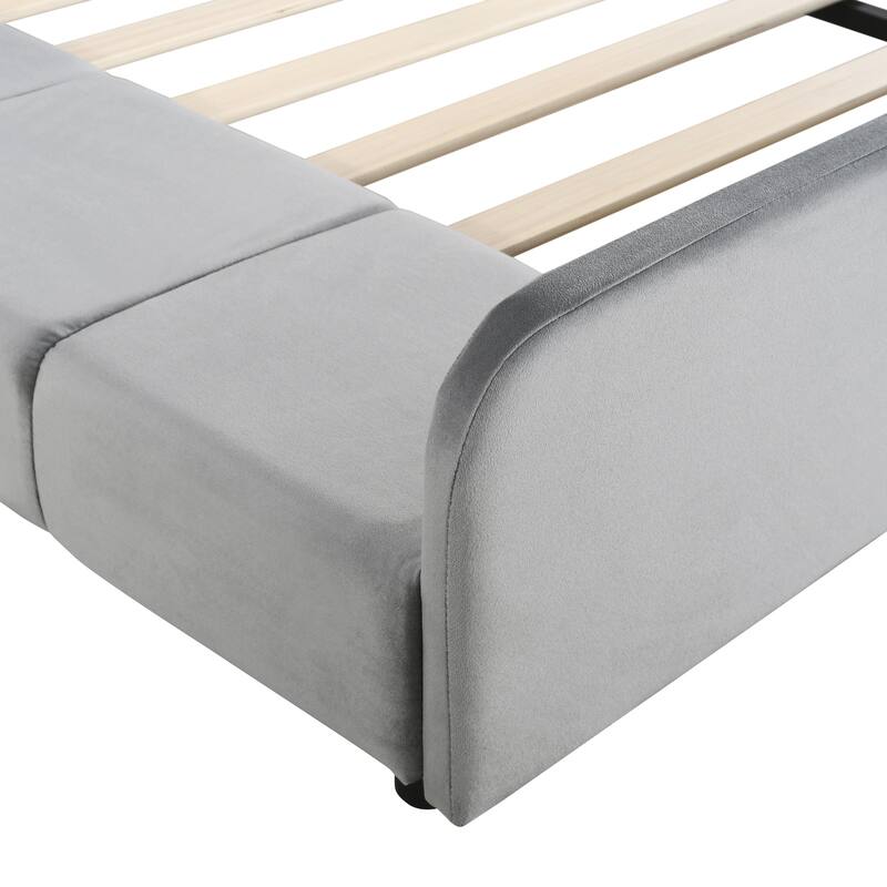 Full Size Upholstered Platform Bed with Bedside Desk and Stool, Velvet, Gray