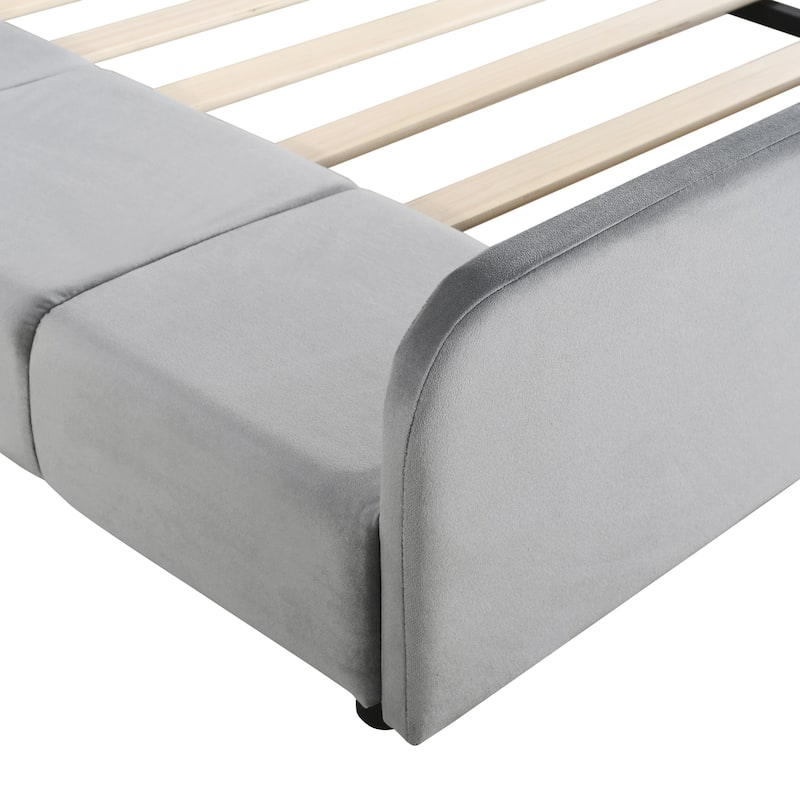Full Size Velvet Upholstered Platform Bed w/ Bedside Desk & Stool, Mother & Child Platform Bed Frame w/ Footboard & Guardrail