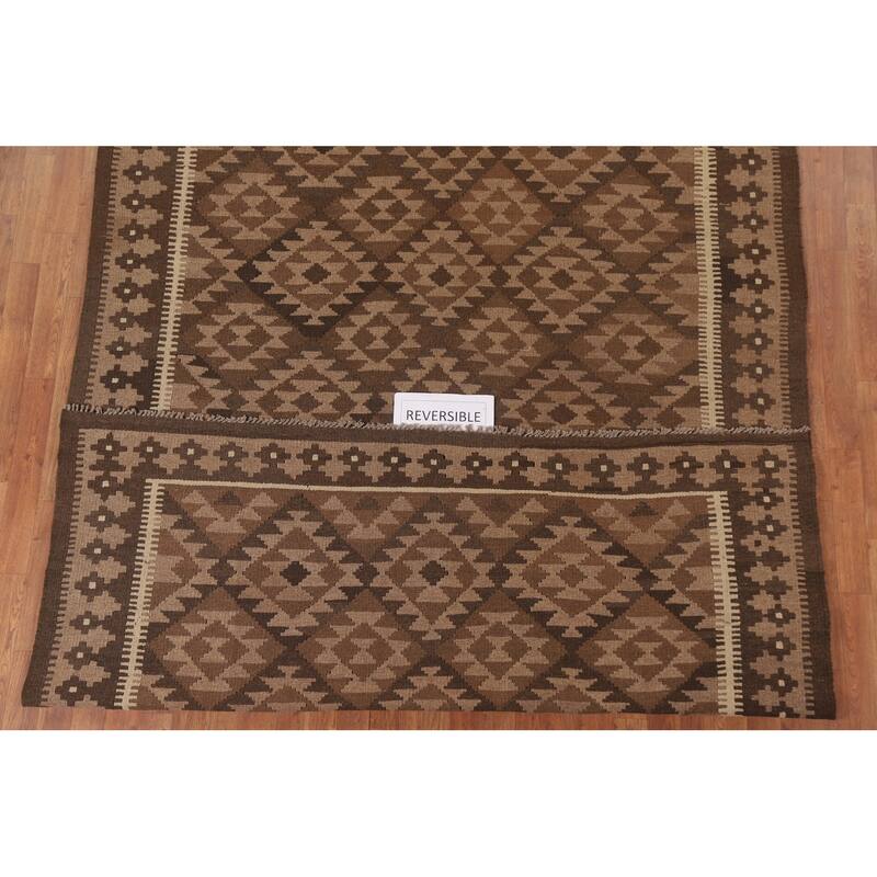 Hand Woven Oriental 100% Wool Carpet Southwestern Geometric Brown Kilim Area Rug - 9' 6'' X 6' 7''