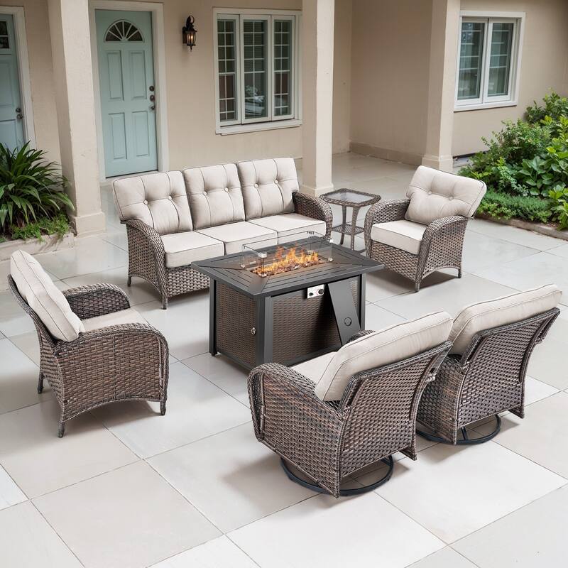 TWrap Wicker Patio Iron Fire Pit Conversation Set with 3-Seat Sofa & Swivel Gliders & Armchairs