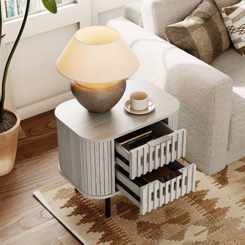 WAMPAT Fluted Nightstand with 2 Drawers,Wood End Table for Bedroom, Living Room