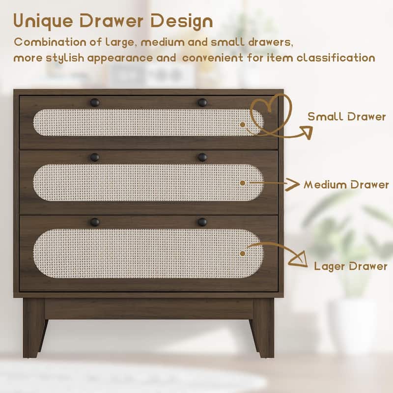 Rattan Drawer Dresser, 3 Wood Drawers Storage Cabinet Dresser for Bedroom, Living Room,Hallway