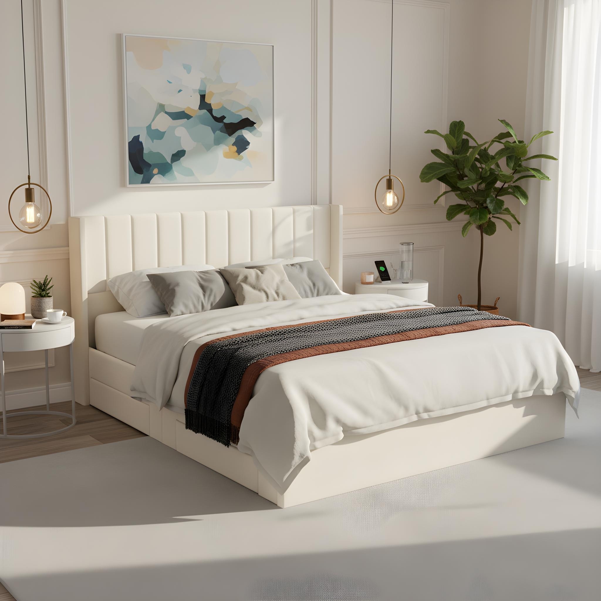 King Size Upholstered Bed Frame with Drawers & Headboard