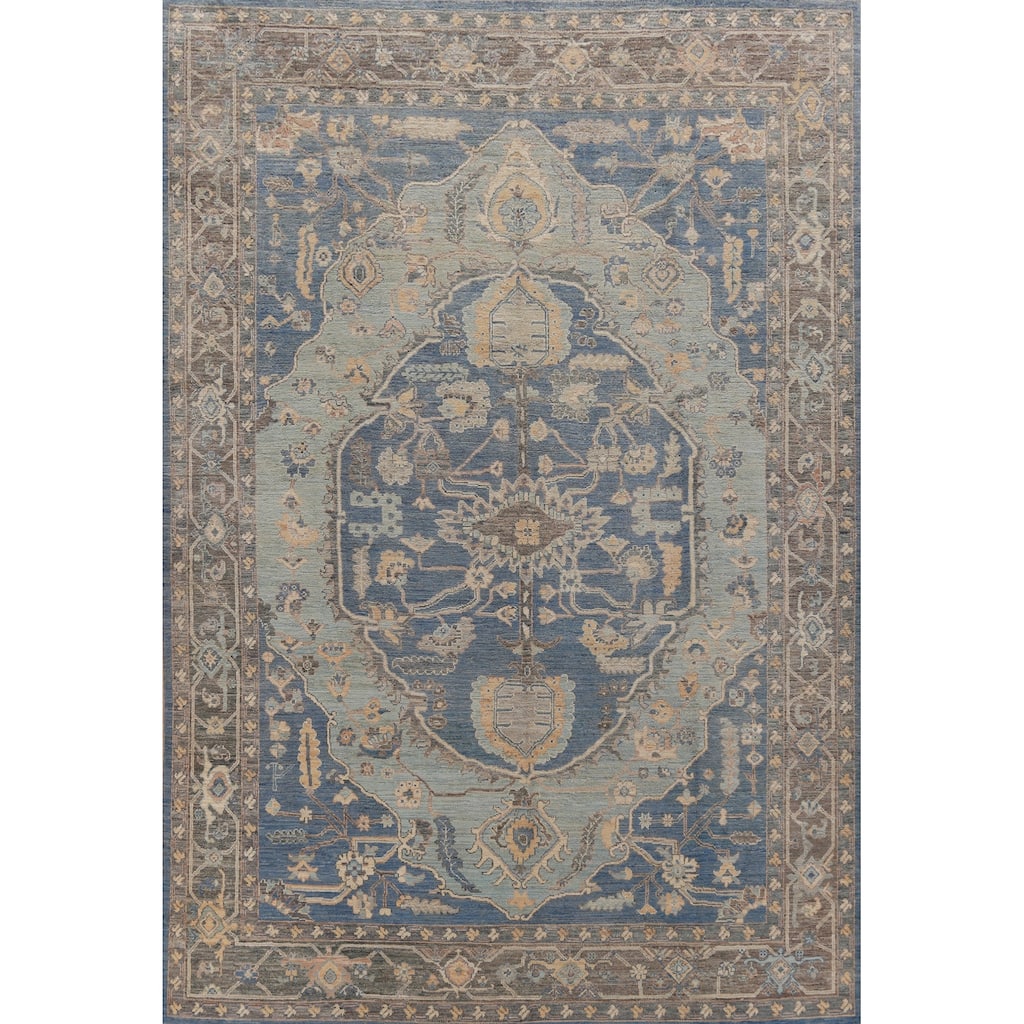 Hand Knotted Oriental 100% Wool Carpet Transitional Medallion Navy Blue & Blues Oushak Area Rug - 12' 1'' X 9' 1''