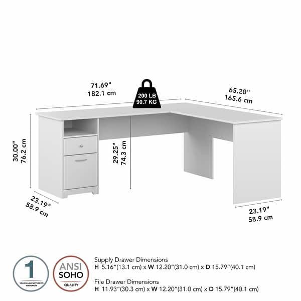 dimension image slide 3 of 6, 72W L-shaped Computer Desk with Drawers by Bush Furniture