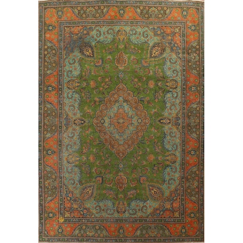 Vintage Distressed Green Tabriz Persian Area Rug Handmade Wool Carpet - 9'8" x 13'4"