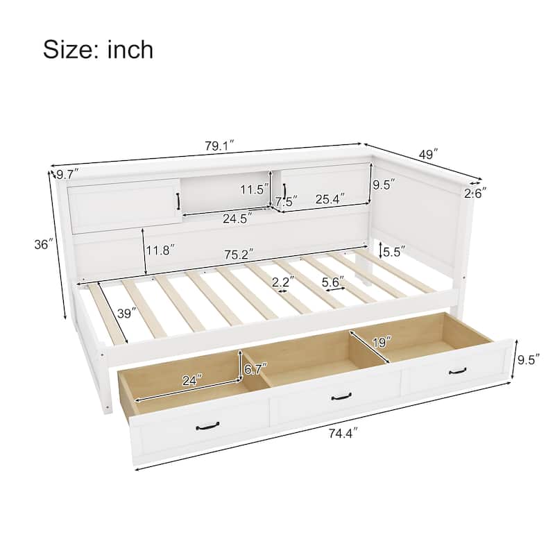 L-Shaped Corner Bed Frame with Drawer, Bookcase, LED Downlight and USB Port