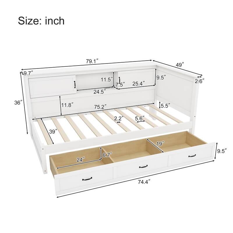 Modern L-Shaped Corner Bed Frame with Drawer, Bookcase, LED Downlight and USB Port