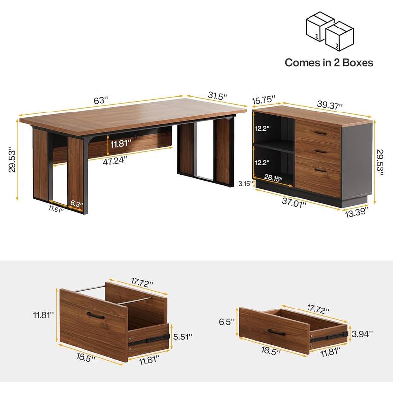 63-Inch L-Shaped Executive Desk with 47-Inch File Cabinet, Brown and Black