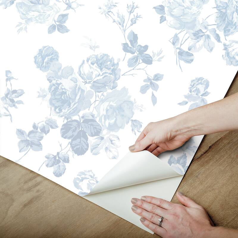 LoveShackFancy Everblooming Rosettes Blue Bella Ribbon Peel and Stick Wallpaper