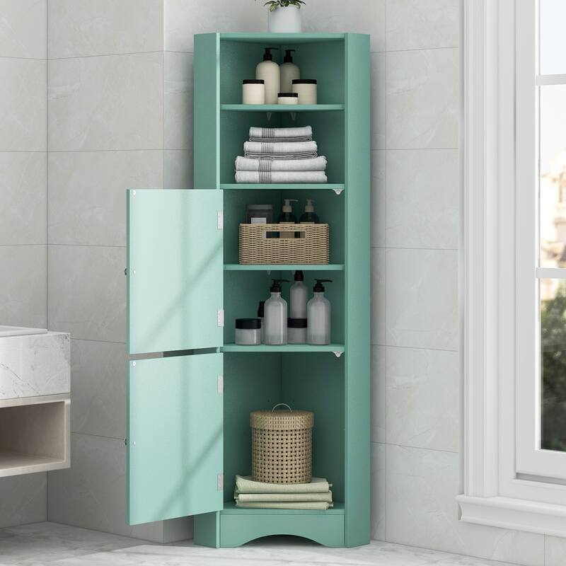 Tall Bathroom Corner Cabinet, Freestanding Storage Cabinet with Doors and Adjustable Shelves - Green
