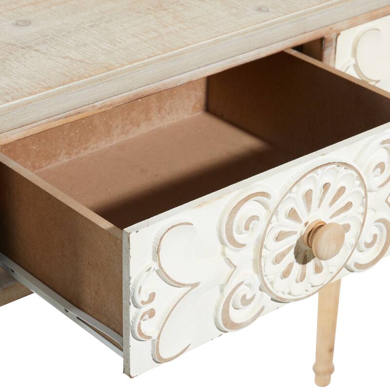 Brown Wood Intricately Carved 2 Drawers Floral Console Table