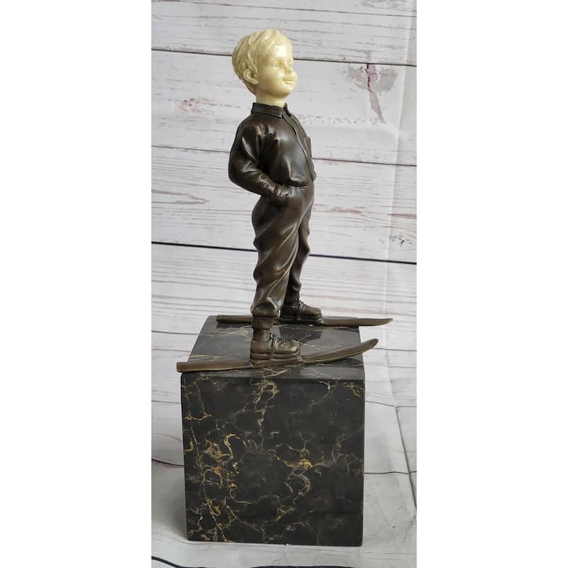 Little Boy Child On Skis Skiing Bronze Statue Sculpture Figurine On Marble Base